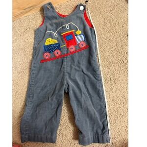 Vintage Infant Corduroy Train Overalls Applique Romper Large